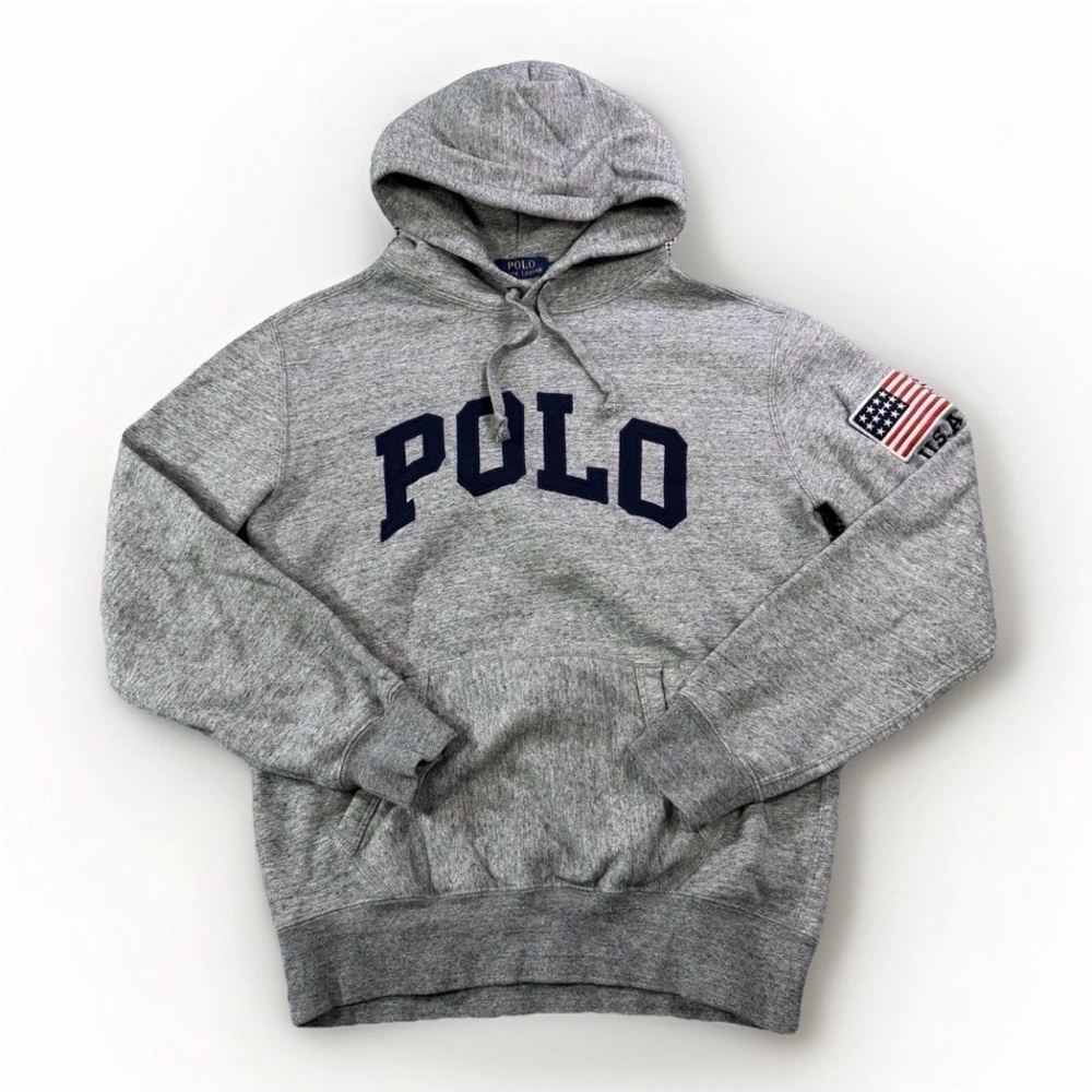 POLO RALPH LAUREN PULLOVER FLEECE HOODIE USA FLAG PATCH GREY NAVY sz SMALL‎ S